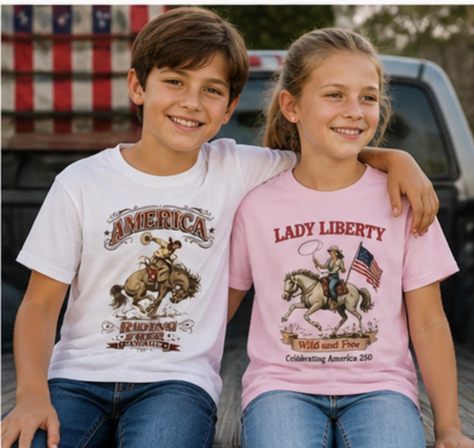 Two children wearing t-shirts with American-themed graphics and text.