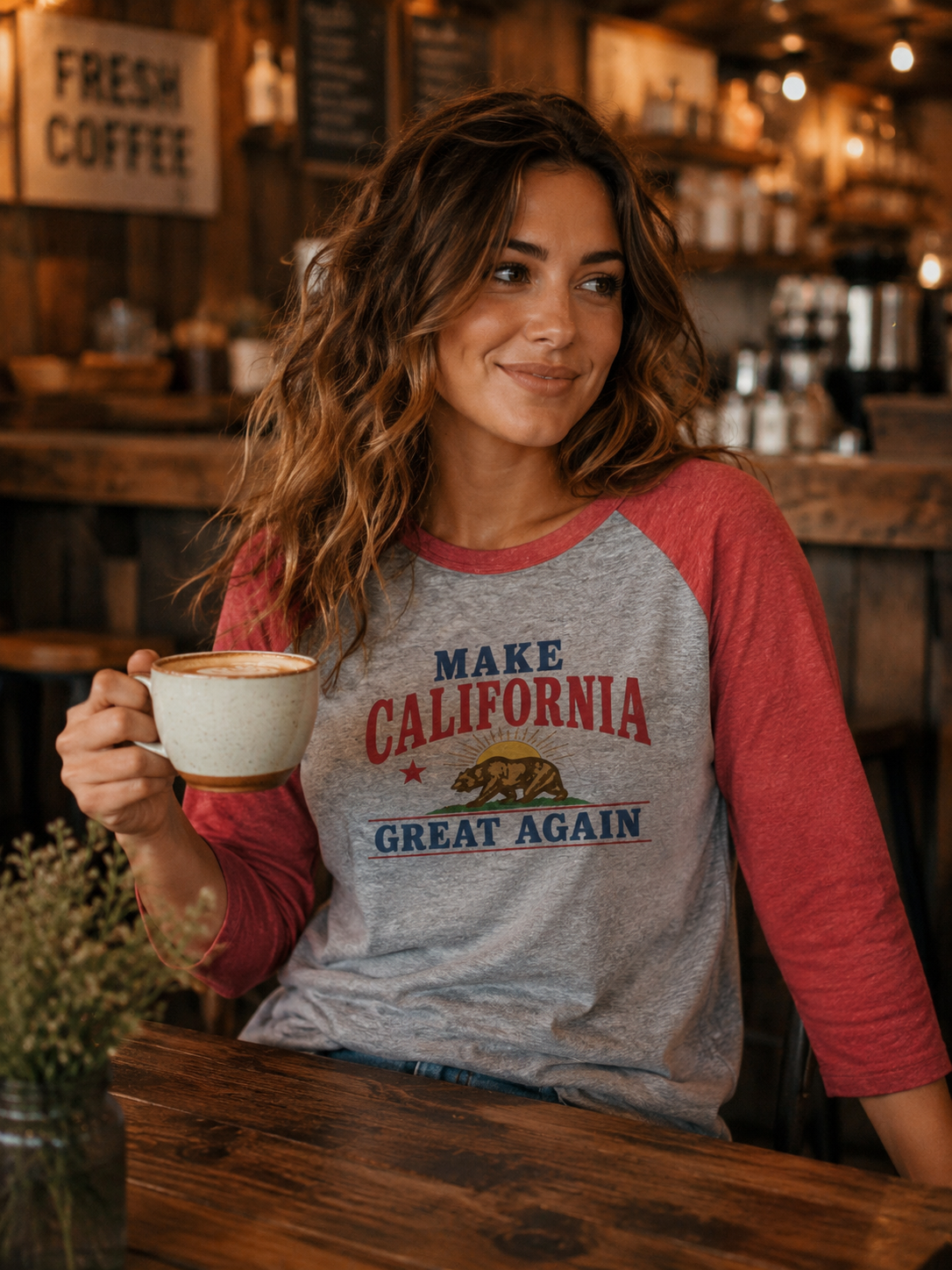 A woman in a rustic cafe setting wearing a heather gray and red raglan t-shirt with a 'Make California Great Again' graphic, holding a coffee mug.