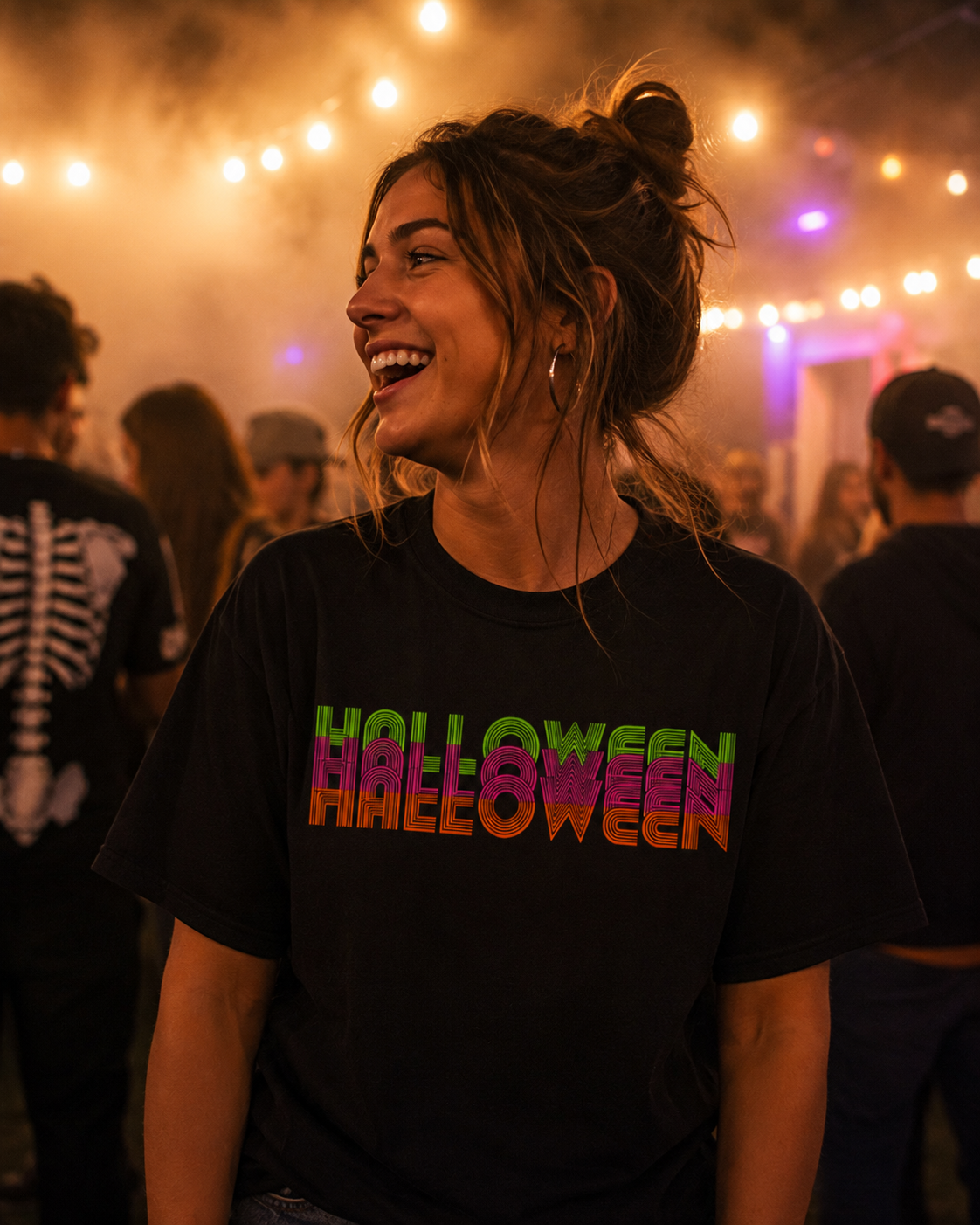 girl at halloween festival wearing stacked retro halloween black tee shirt