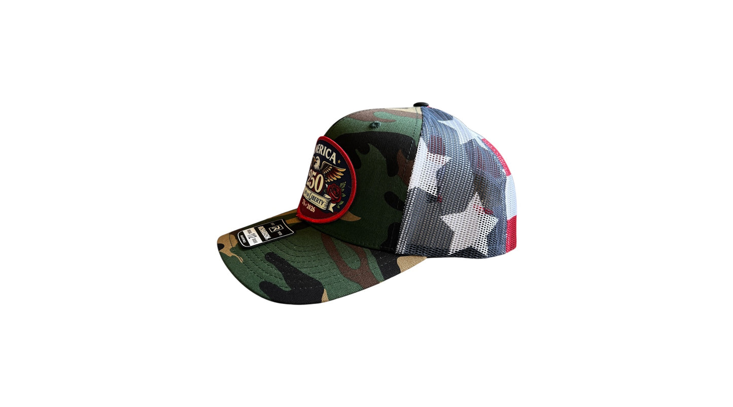 Camouflage baseball cap with American flag design on a white background