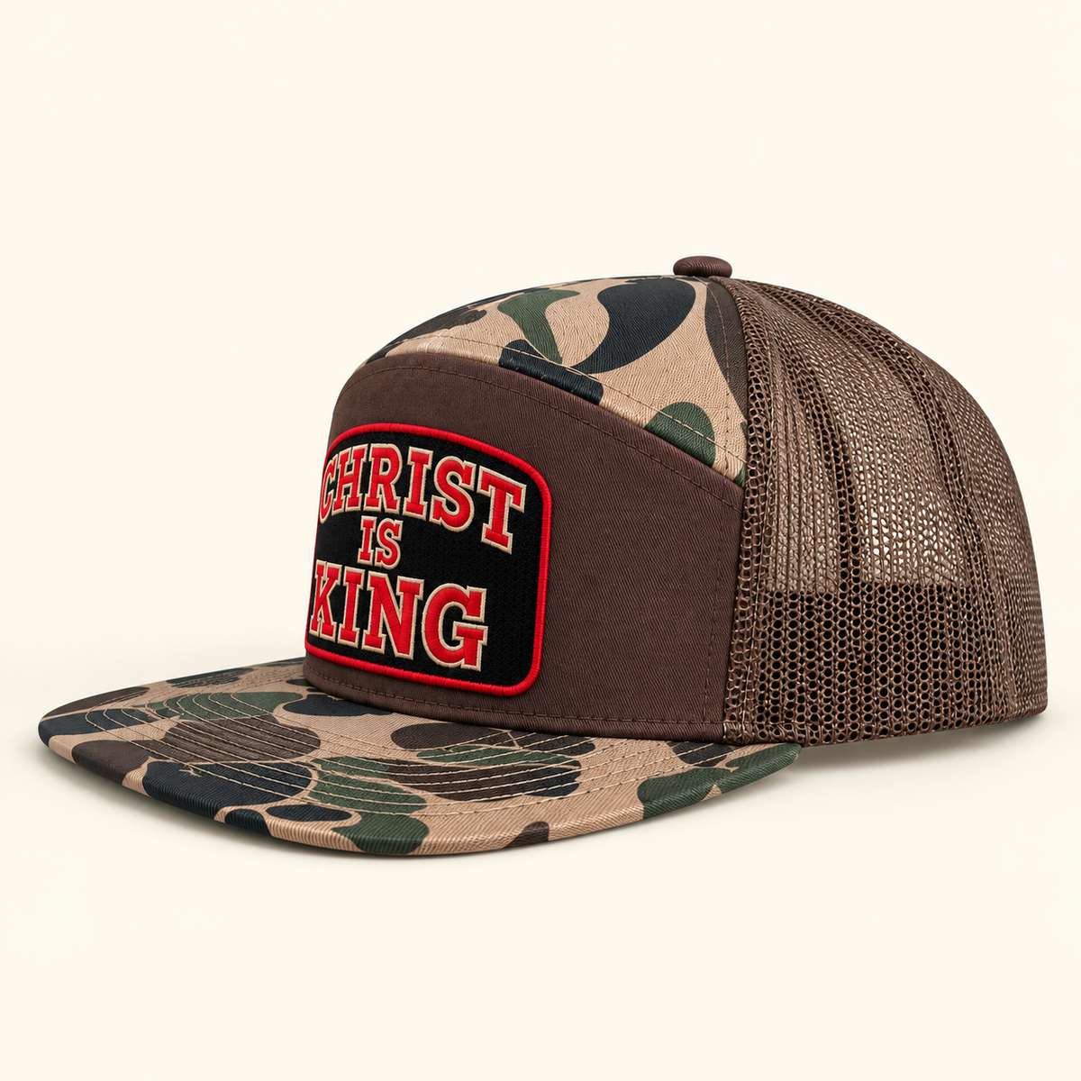 Christ Is King Trucker Hat | Camo 7-Panel Faith Cap | Men's Statement Hat