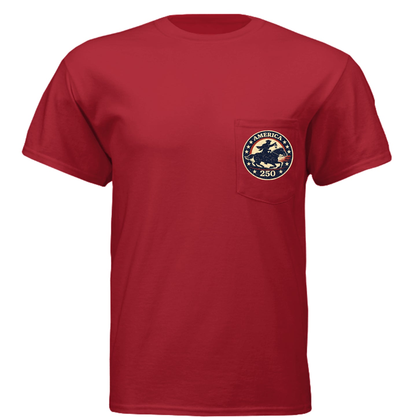 Midnight Ride 1776 Men's t-shirt with vintage Revolutionary War inspired design honoring American history front red | land of the free 250