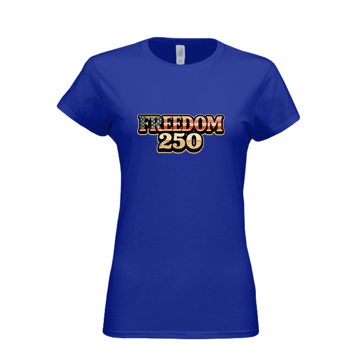 Womens Freedom 250 patriotic women's t-shirt with American flag design for America's 250th anniversary celebration