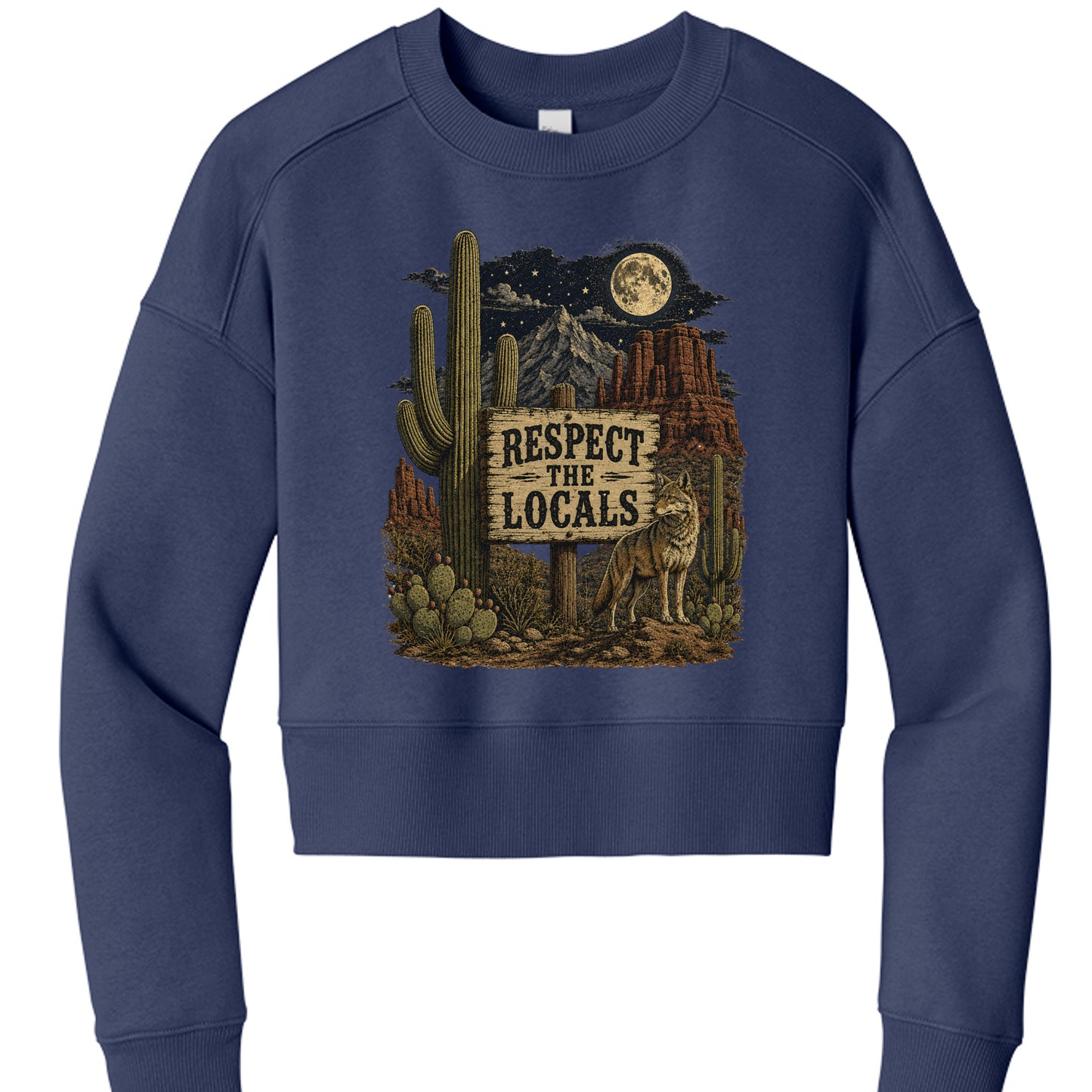 Tanzanite -"Respect The Locals desert coyote cropped crewneck sweatshirt in Periwinkle"