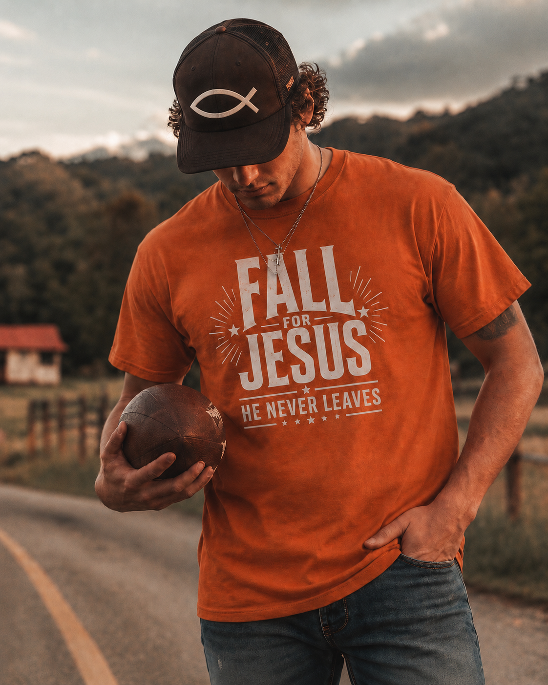A man wearing a burnt orange graphic t-shirt that reads 'FALL FOR JESUS HE NEVER LEAVES' in white, paired with a black baseball cap featuring a white fish symbol, standing on a country road and holding a football.