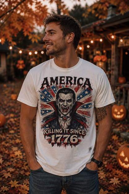 America Killing It Since 1776 Dracula Horror Patriotic Tee