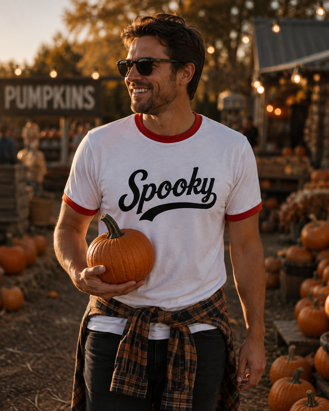 A man wearing a white ringer t-shirt with red trim and a black 'Spooky' graphic, holding a small pumpkin in an outdoor pumpkin patch at sunset.