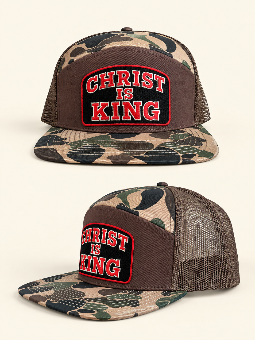 Christ Is King Trucker Hat | Camo 7-Panel Faith Cap | Men's Statement Hat
