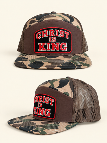 Christ Is King Trucker Hat | Camo 7-Panel Faith Cap | Men's Statement Hat