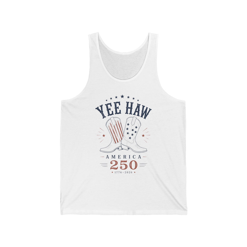 White tank top with 'Yee Haw America 250' design on a white background