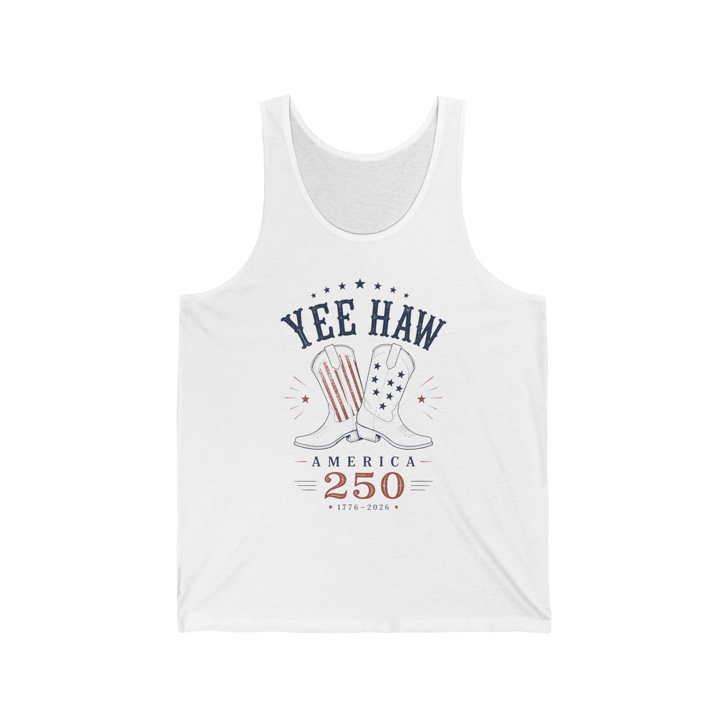 White tank top with 'Yee Haw America 250' design on a white background