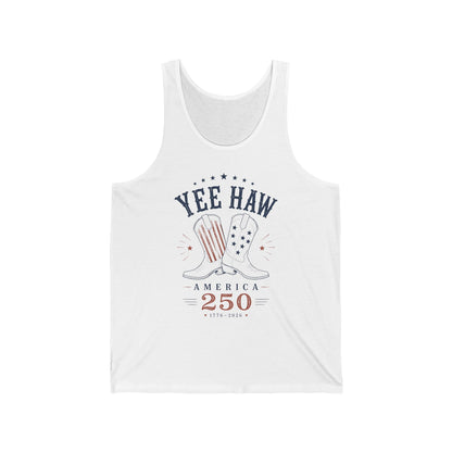 White tank top with 'Yee Haw America 250' design on a white background