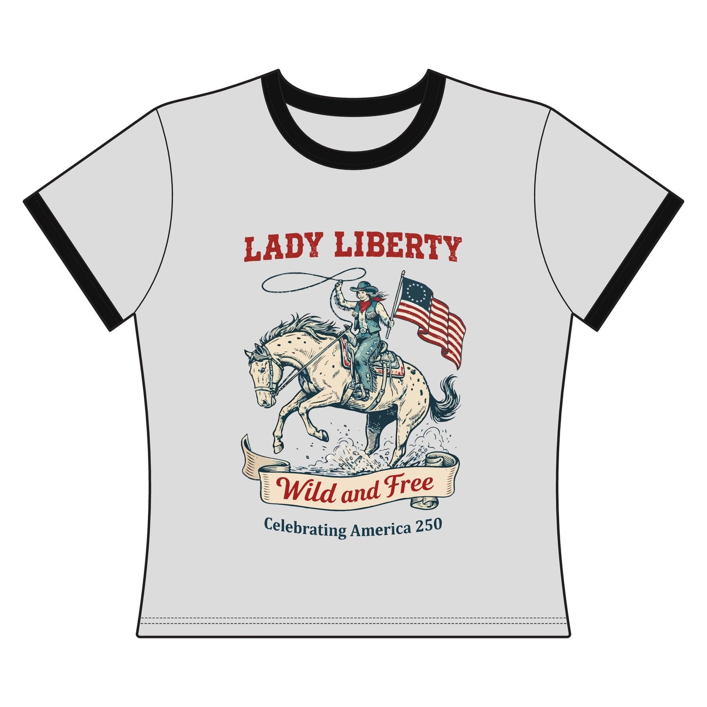Lady Liberty Wild and Free Ringer Tee Lifestyle Land of the Free 250 Black and White