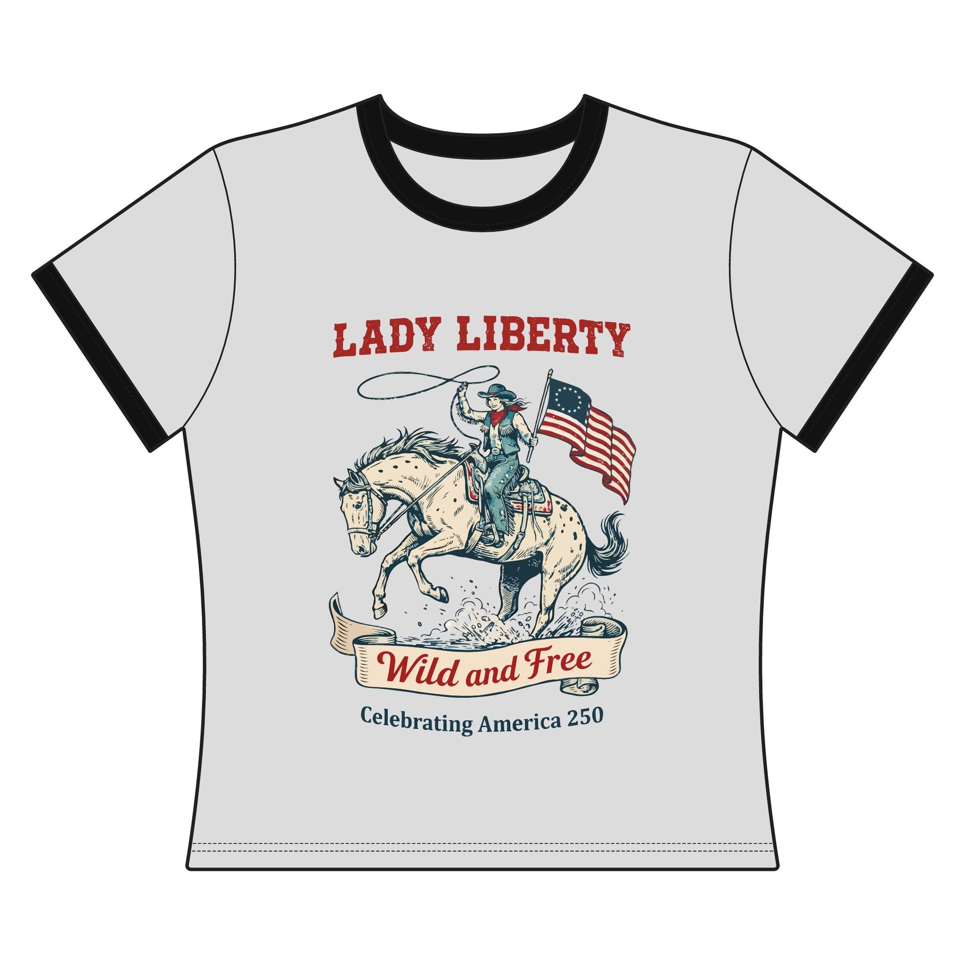 Lady Liberty Wild and Free Ringer Tee Lifestyle Land of the Free 250 Black and White
