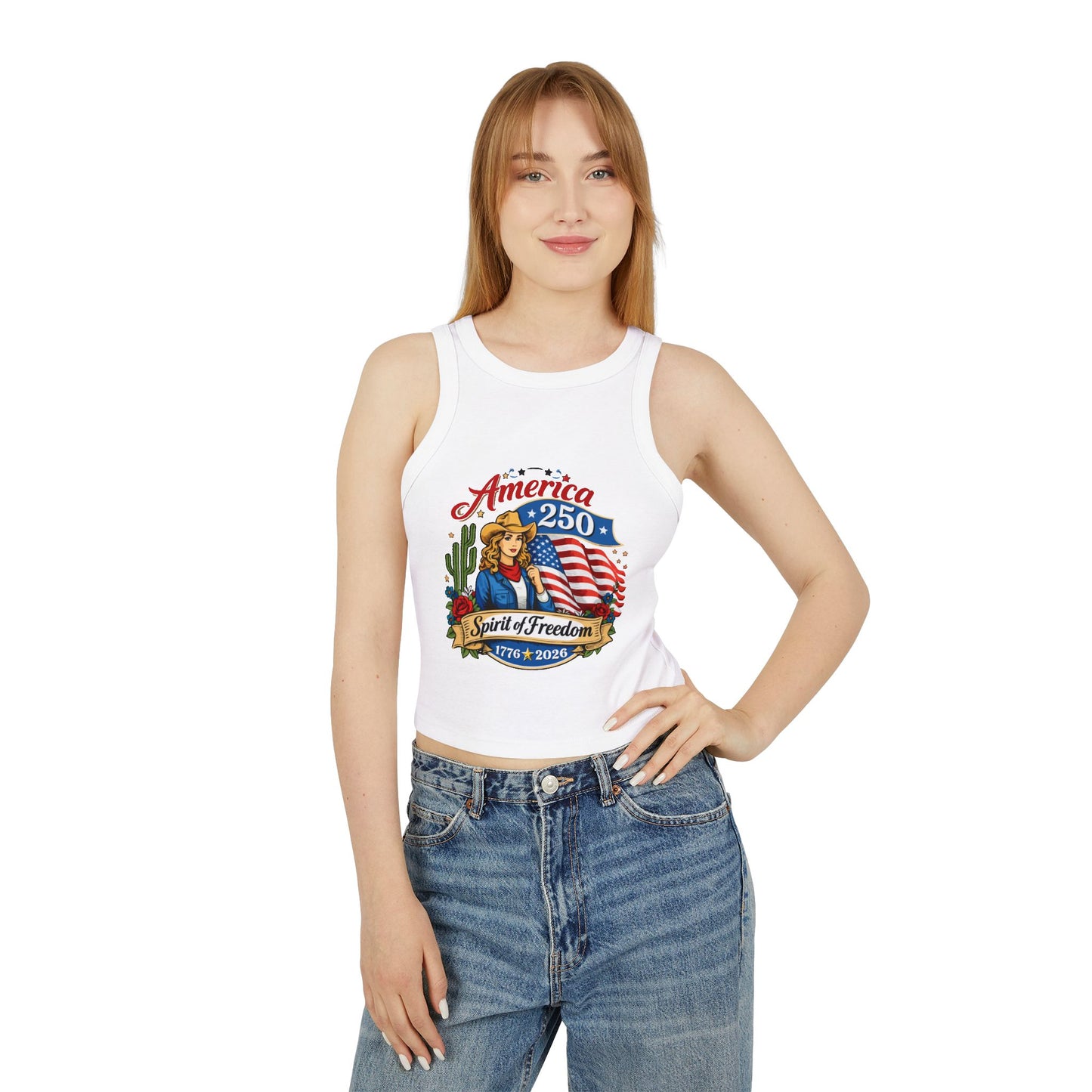 Woman wearing a white tank top with a colorful graphic design on a white background