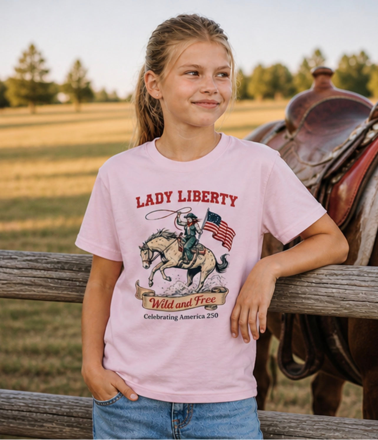 Young girl wearing a 'Lady Liberty' t-shirt with a horse and flag design, standing next to a horse in a field.