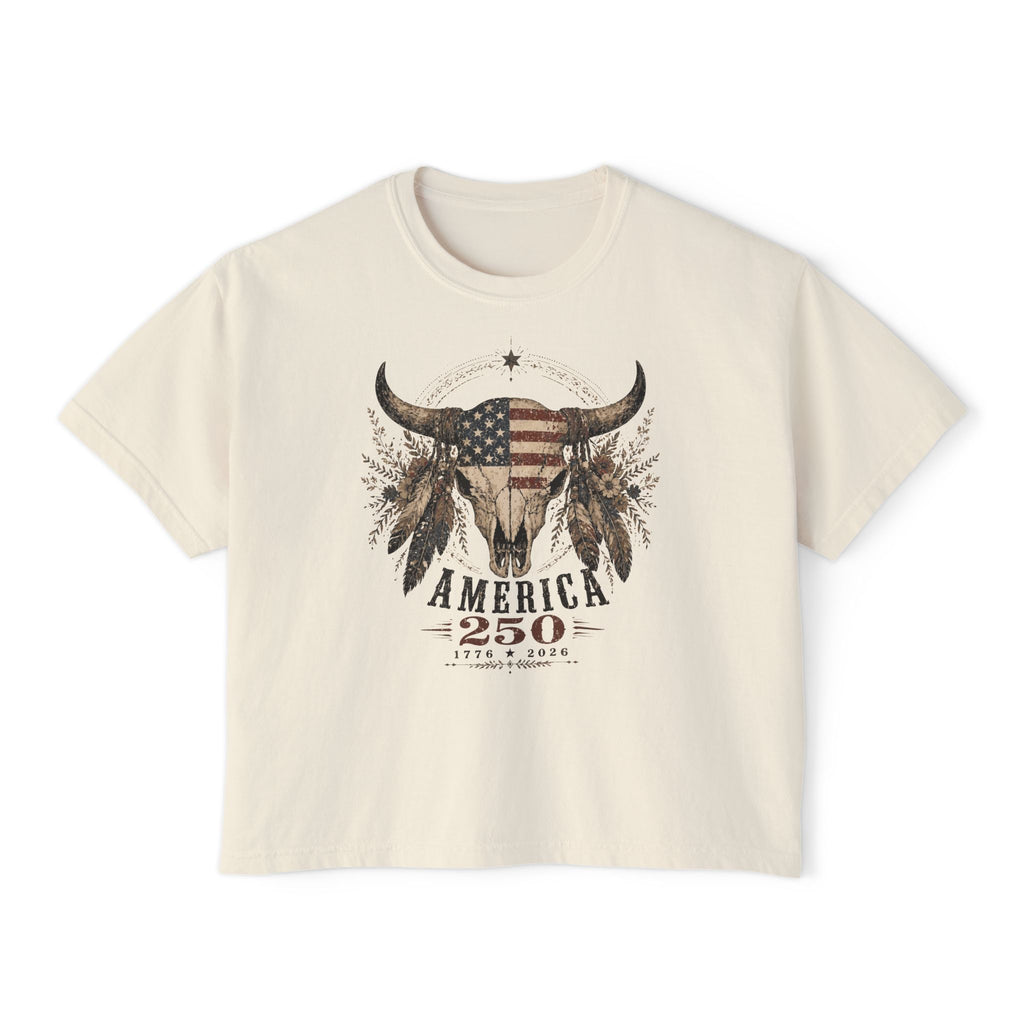 Beige t-shirt with a graphic design of a bull's head with an American flag and text on a white background