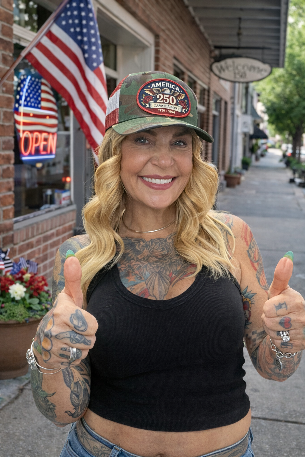 Woman wearing that America 250 land of liberty camo trucker hat with embroidered equal patch | land of the free 250 