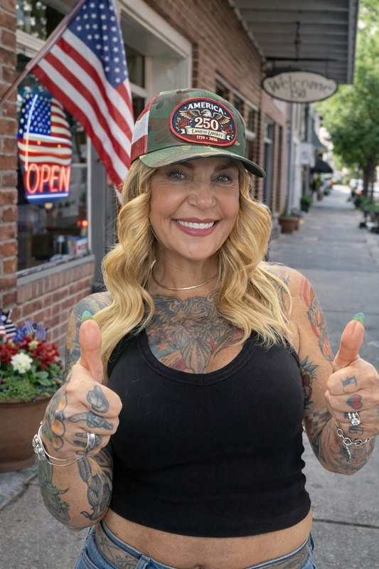 Woman wearing that America 250 land of liberty camo trucker hat with embroidered equal patch | land of the free 250 
