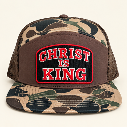 Christ Is King Trucker Hat | Camo 7-Panel Faith Cap | Men's Statement Hat