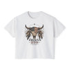 White t-shirt with a graphic design featuring an American flag and bull skull on a white background