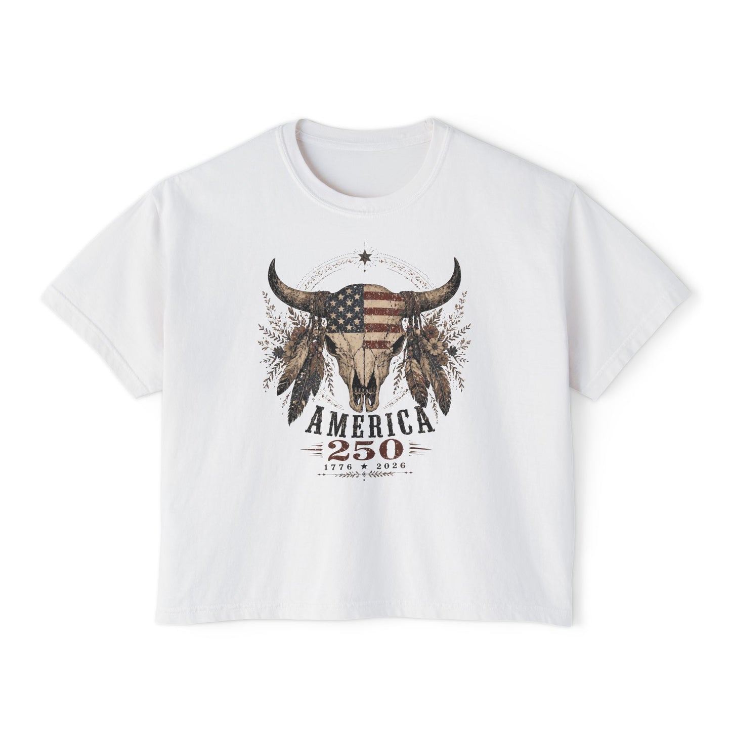 White t-shirt with a graphic design featuring an American flag and bull skull on a white background