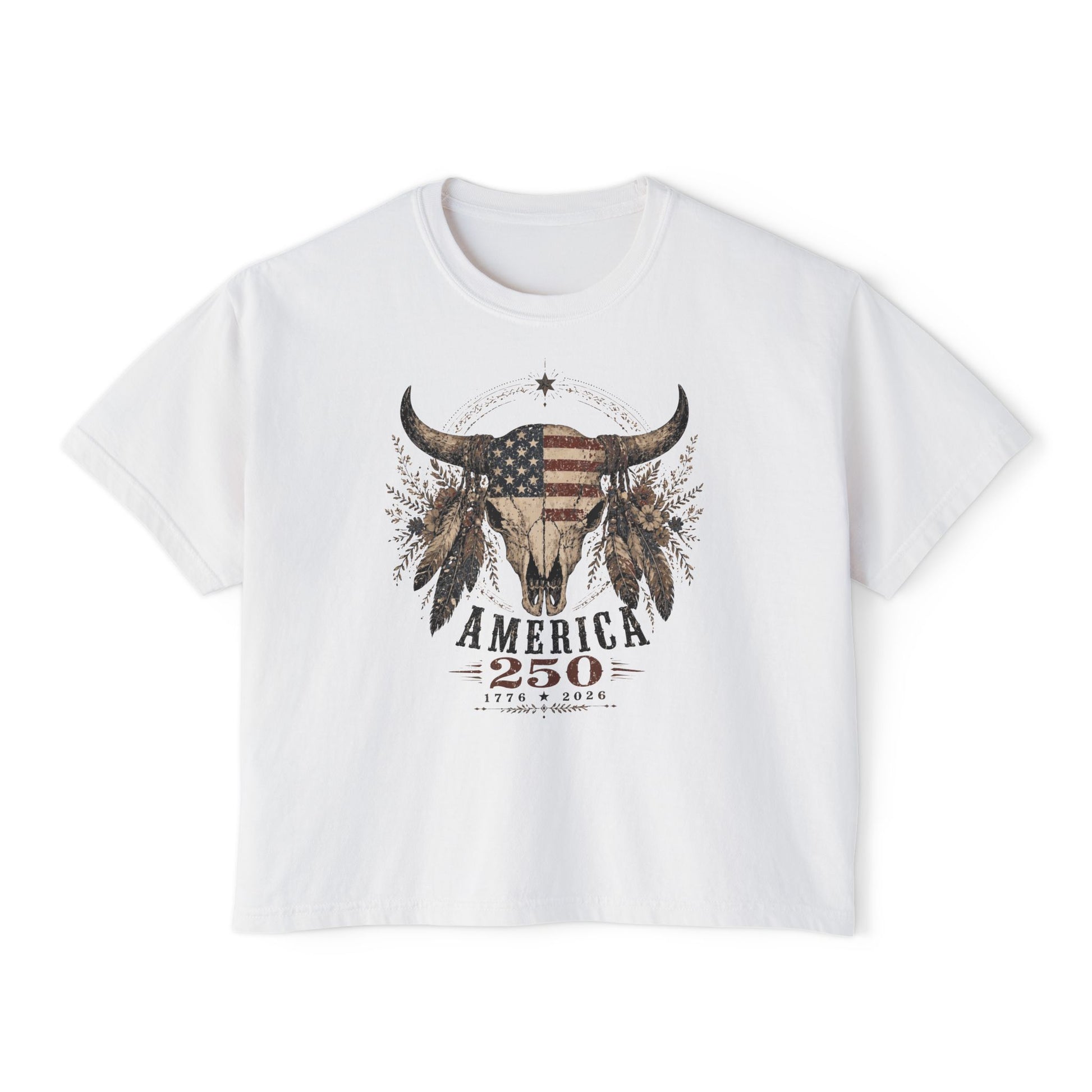 White t-shirt with a graphic design featuring an American flag and bull skull on a white background
