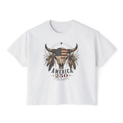 White t-shirt with a graphic design featuring an American flag and bull skull on a white background