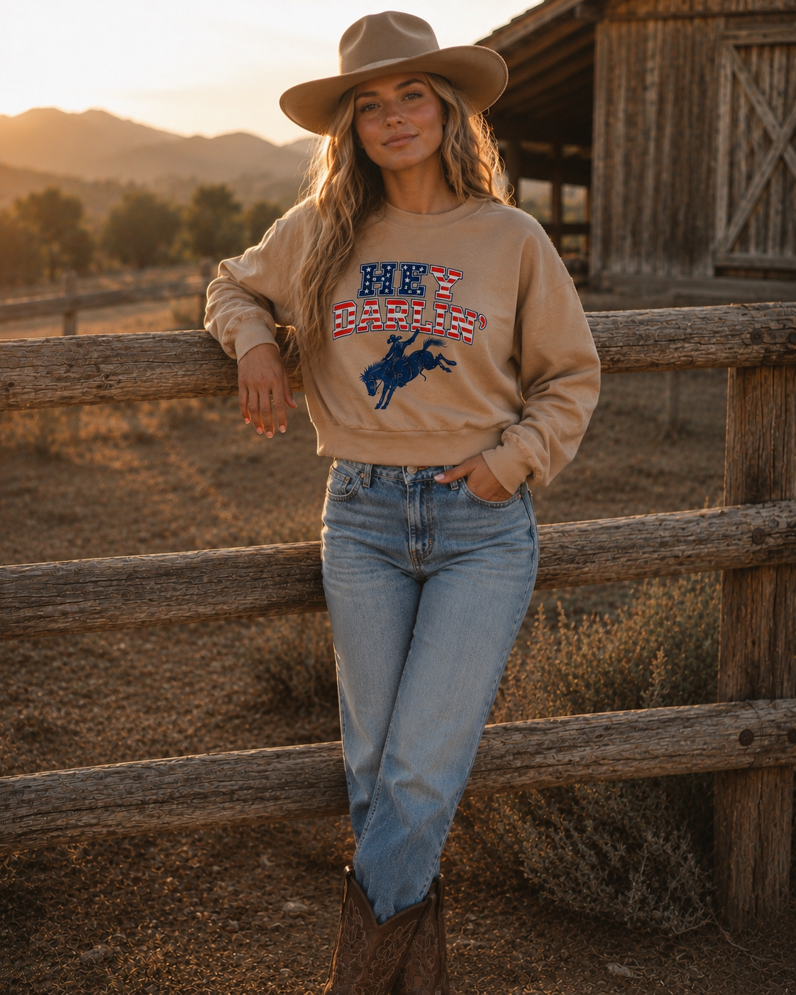 A woman wearing a tan crewneck sweatshirt with a patriotic cowboy graphic, blue jeans, and a matching cowboy hat, leaning against a rustic wooden fence in an outdoor ranch setting during golden hour.