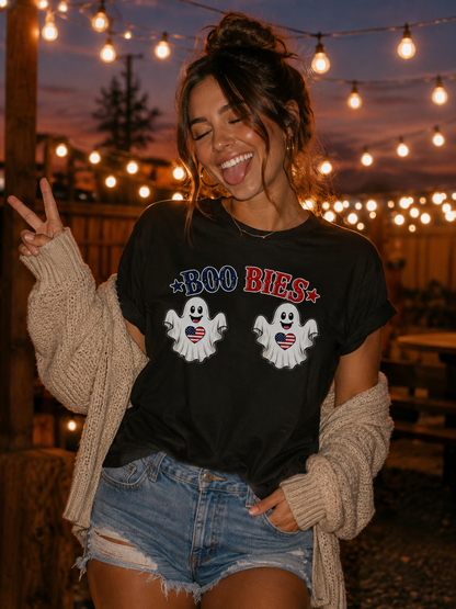 A woman outdoors at dusk wearing a black graphic T-shirt that says 'BOO BIES' with two white ghosts, paired with denim shorts and a beige knit cardigan. Warm string lights are visible in the background.