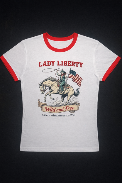 Lady Liberty Wild & Free Ringer Tee — Celebrating America 250