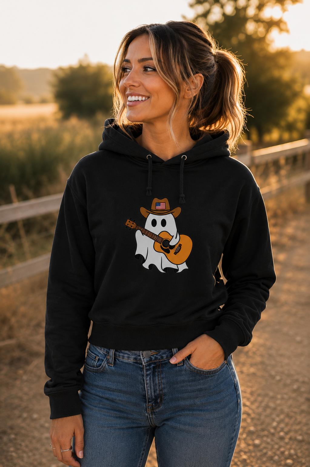 A woman wearing a black hoodie with a cartoon ghost playing guitar graphic, standing outdoors on a dirt path during warm golden hour sunlight.