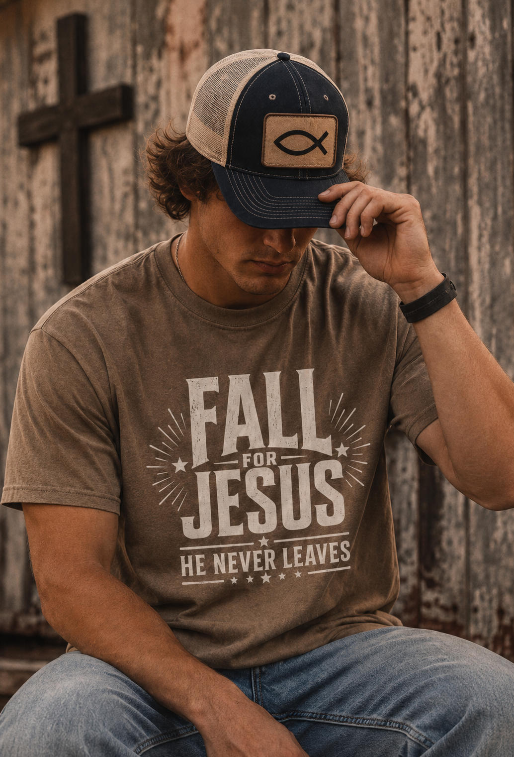 A man wearing a brown graphic t-shirt with the text 'FALL FOR JESUS HE NEVER LEAVES' and a navy blue trucker hat with a fish logo patch, sitting in front of a rustic wooden wall.