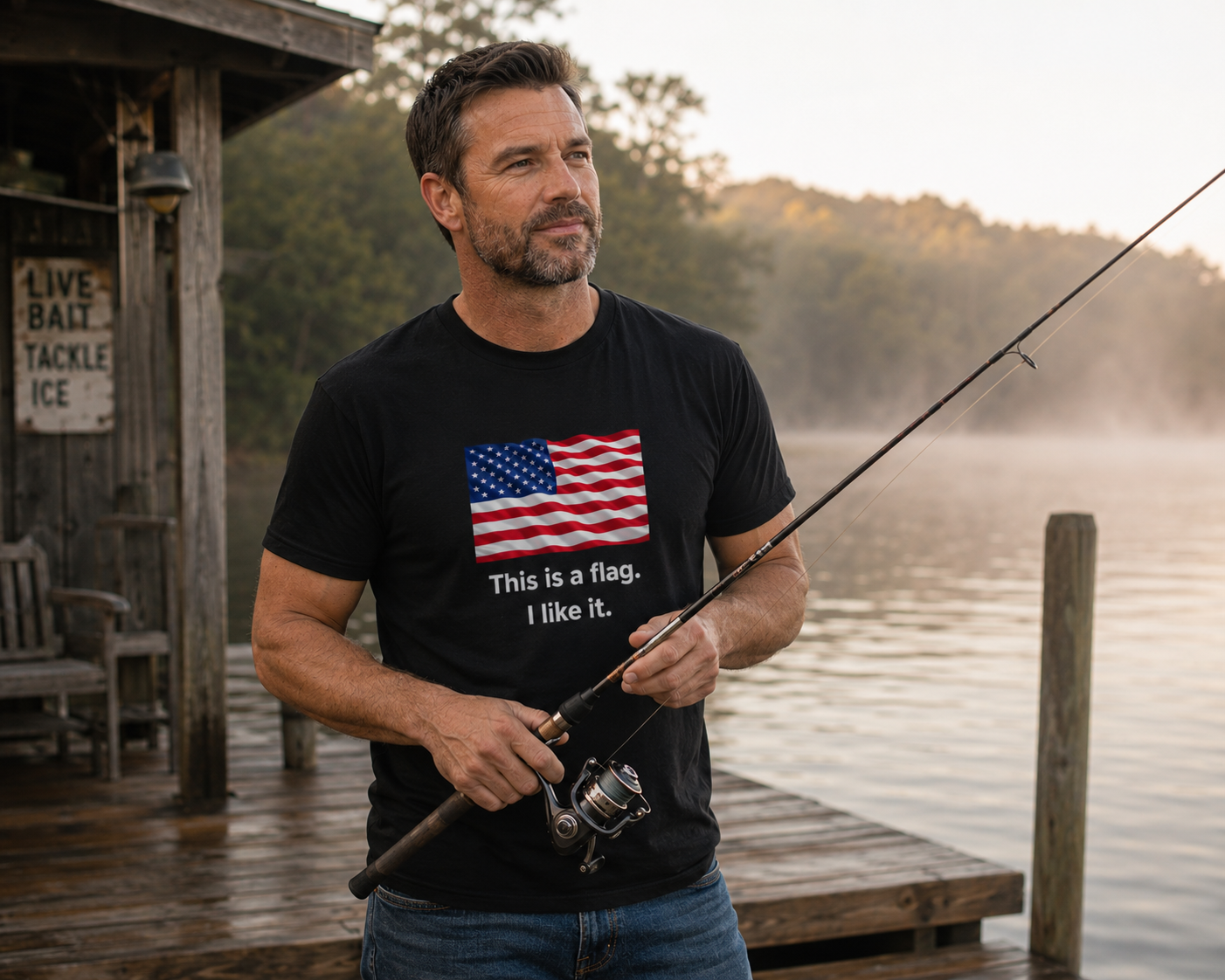 A man on a wooden dock by a lake wearing a black t-shirt with a printed American flag graphic and the text 'This is a flag. I like it.