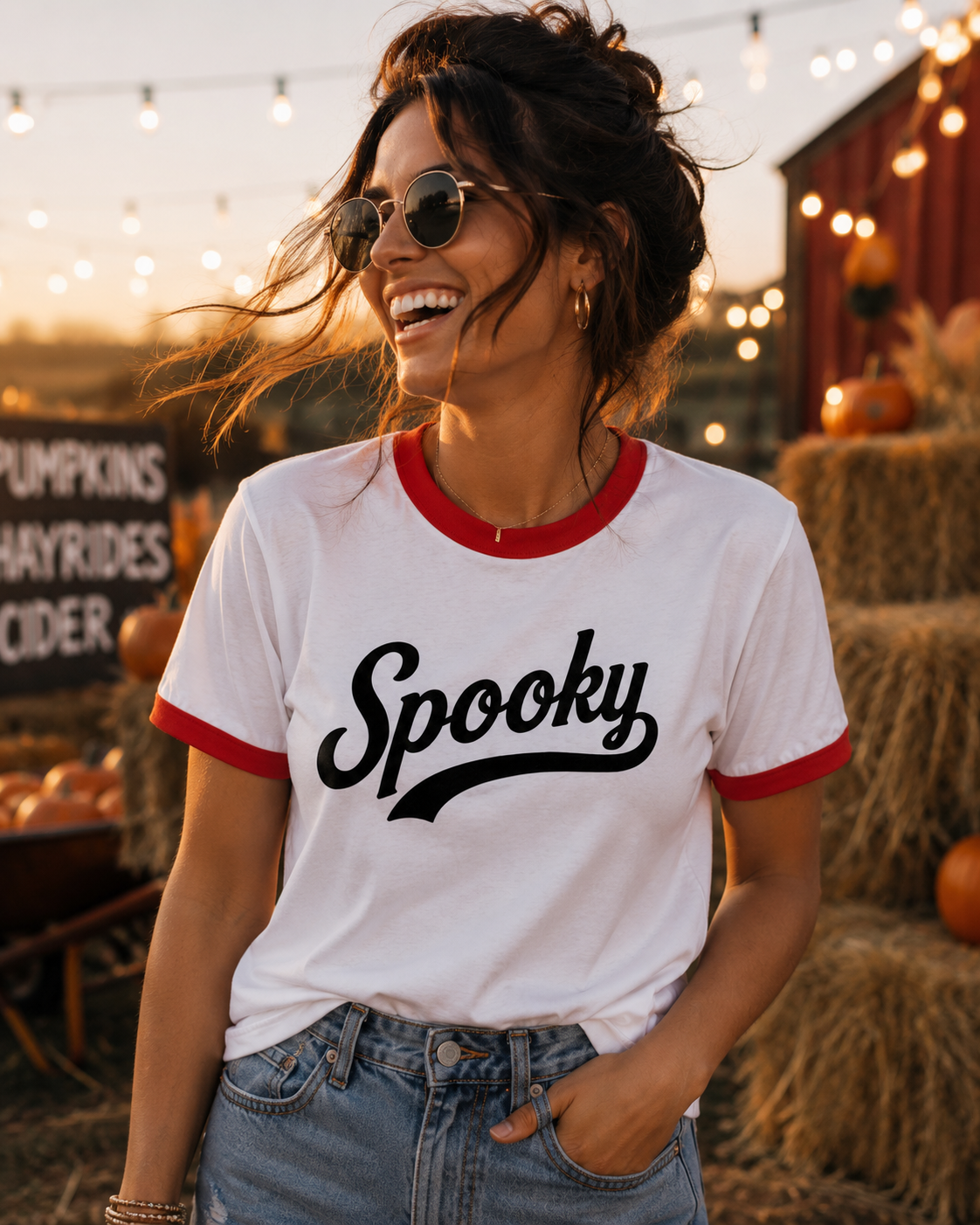 A woman wearing a white ringer t-shirt with red trim and a black 'Spooky' graphic, set against a warm autumnal outdoor background with hay bales, pumpkins, and string lights.