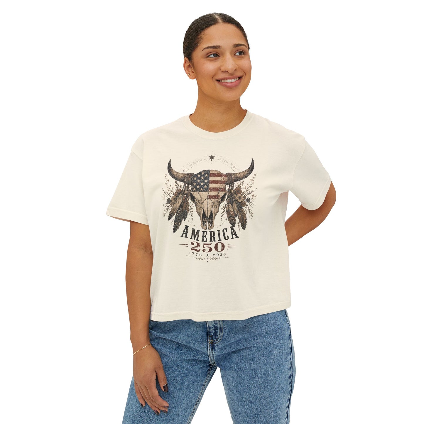 Woman wearing a white t-shirt with a graphic design on a white background