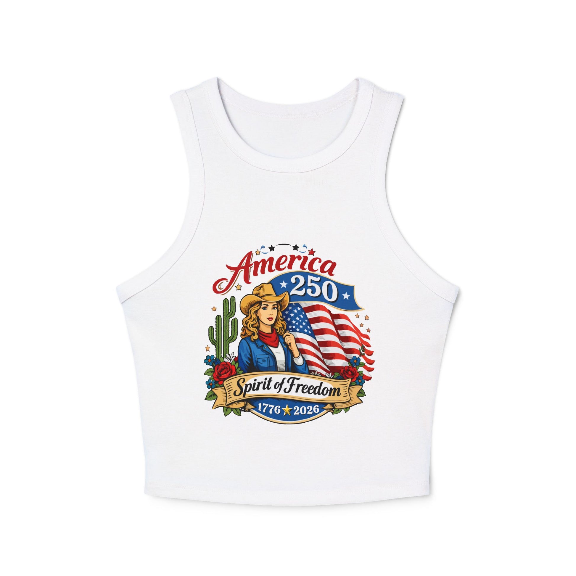 White tank top with 'America 250 Spirit of Freedom' design on a white background