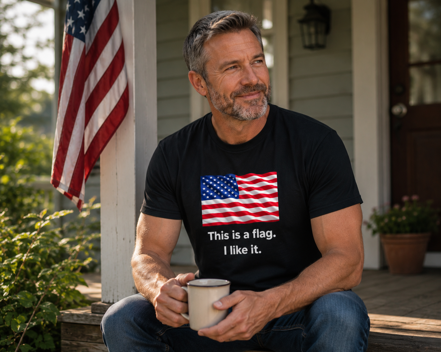 A man sitting on a porch steps holding a mug, wearing a black t-shirt with a graphic of the American flag and the text 'This is a flag. I like it.