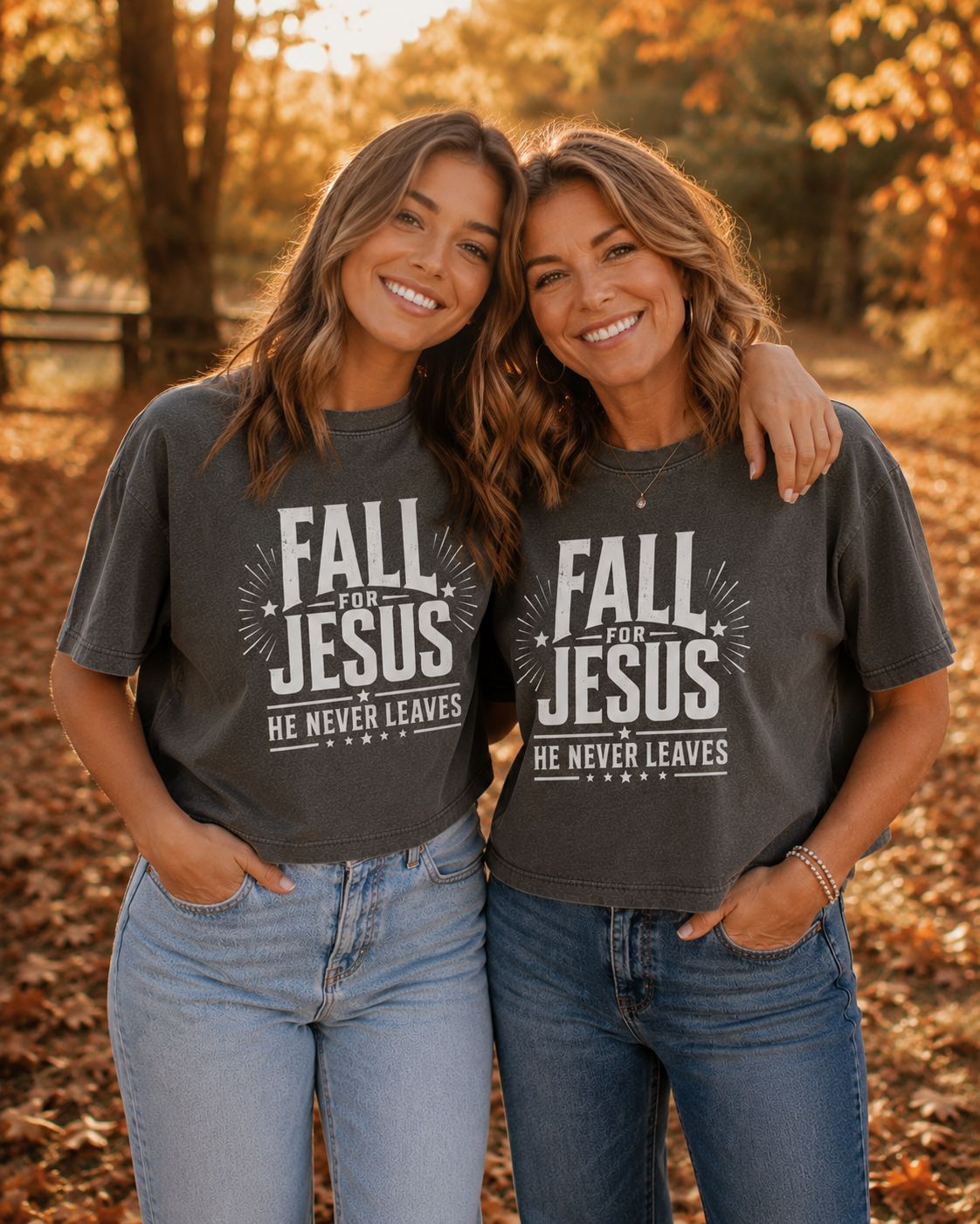 Two women standing outdoors in a wooded area with fallen leaves, wearing matching dark gray graphic T-shirts that read 'FALL FOR JESUS' and 'HE NEVER LEAVES'.