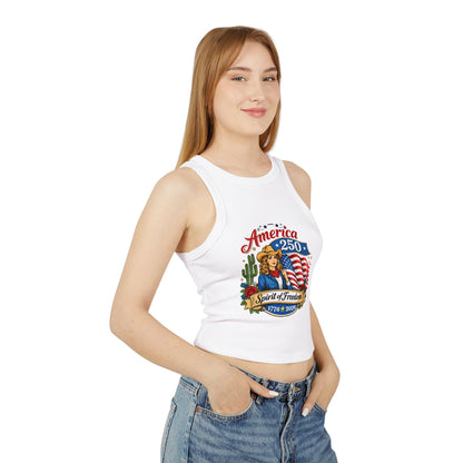 Woman wearing a white tank top with a patriotic design on a white background