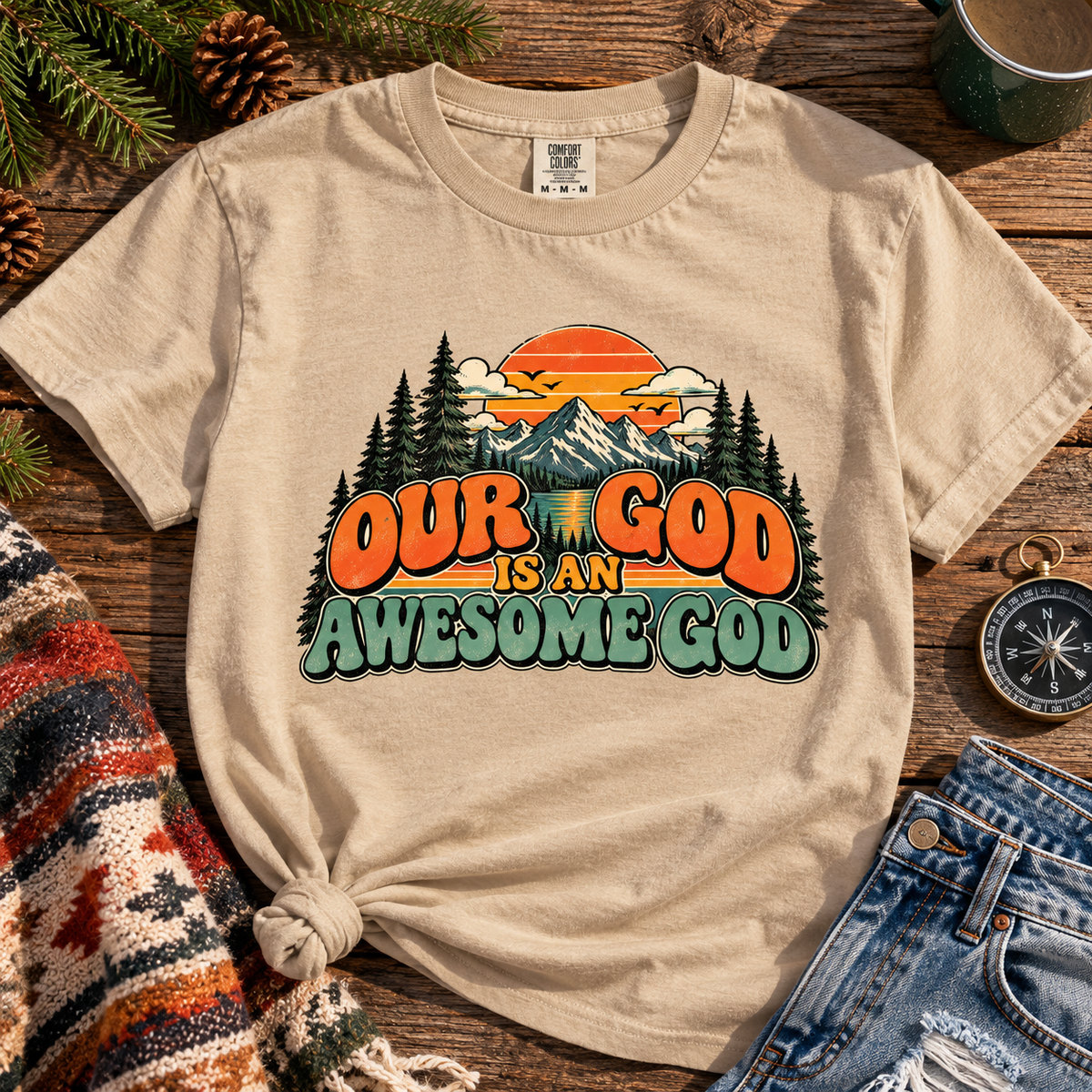 Our God Is An Awesome God Tee | Retro Mountain Graphic T-Shirt | Faith Statement Shirt