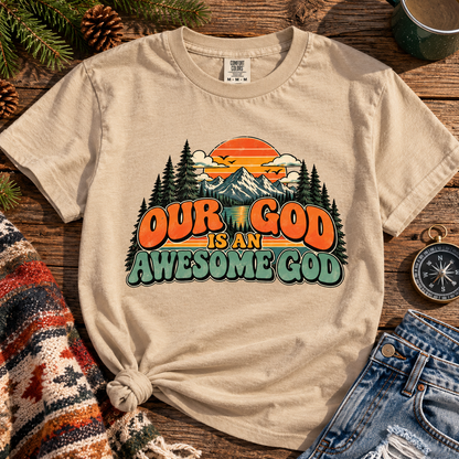 Our God Is An Awesome God Tee | Retro Mountain Graphic T-Shirt | Faith Statement Shirt