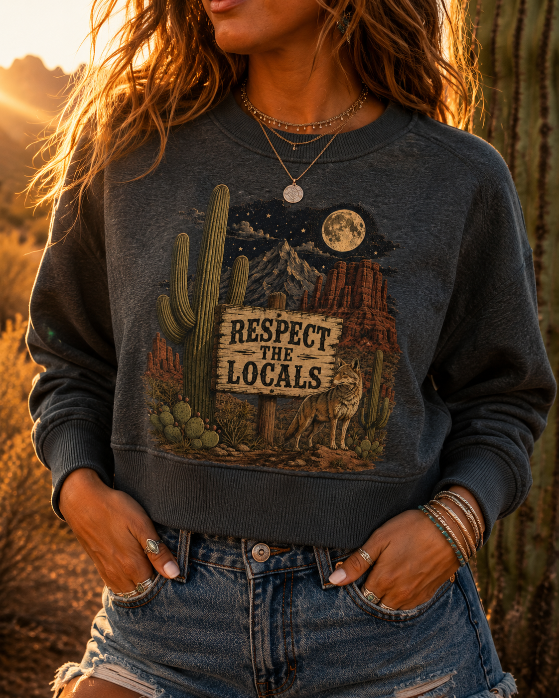 Respect The Locals Cropped Crewneck Sweatshirt, Vintage Desert Coyote Graphic, Western Southwest Sweatshirt