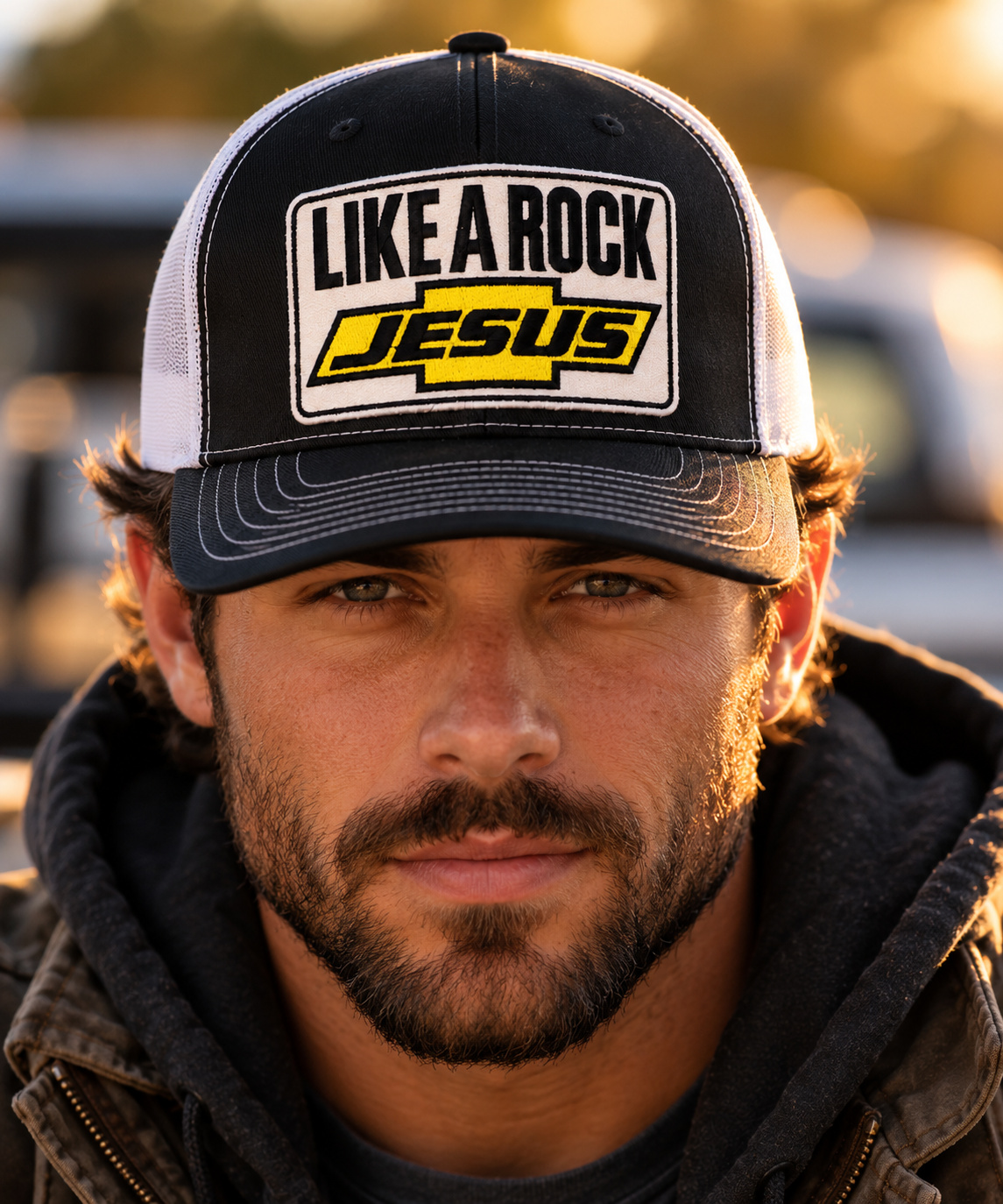 “Man modeling a black and white Like a Rock Jesus trucker hat outdoors, showing the embroidered front patch.”