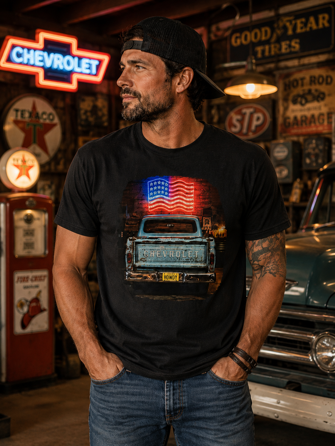A man wearing a black graphic t-shirt with a vintage pickup truck and American flag design, standing in a retro-themed garage setting with neon signs and a classic car.
