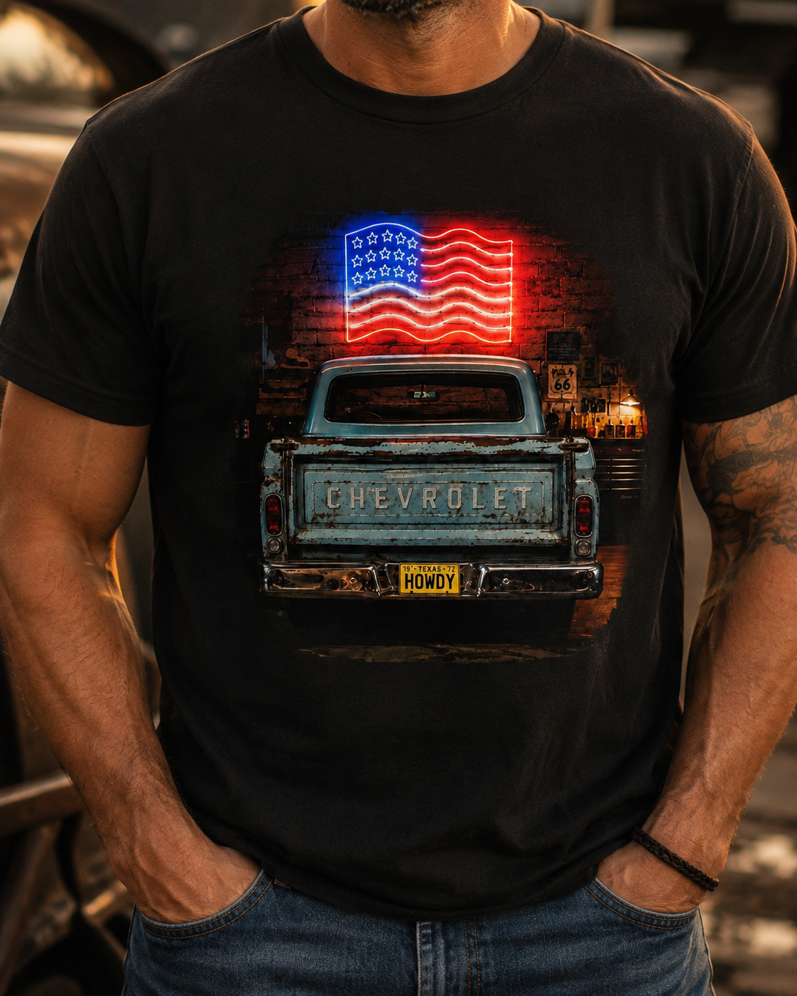 A man wearing a black graphic t-shirt featuring a distressed blue Chevrolet pickup truck with a glowing red, white, and blue American flag on its tailgate, set against a blurred outdoor background.