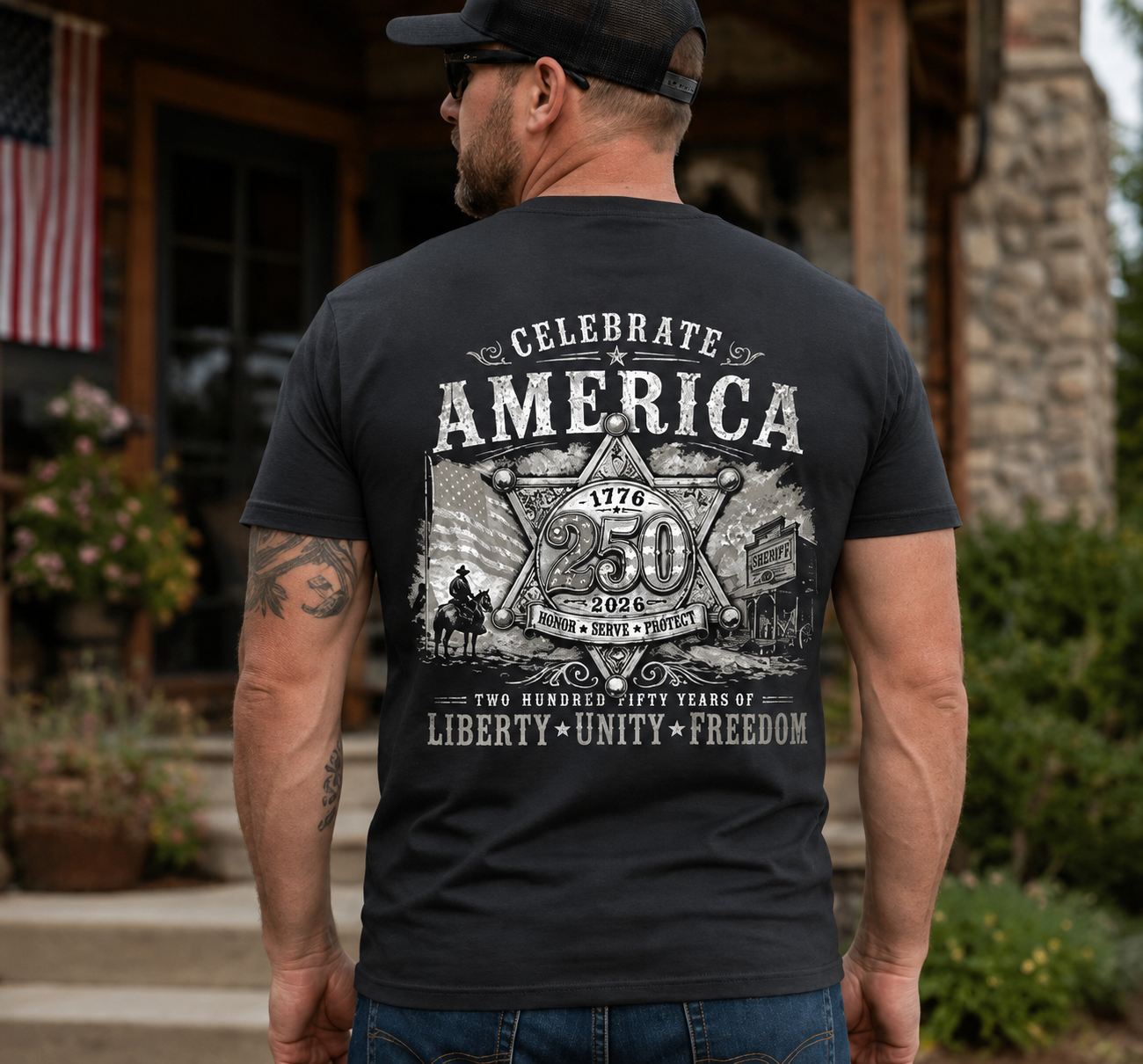 Man wearing a black t-shirt with 'Celebrate America' design outdoors.
