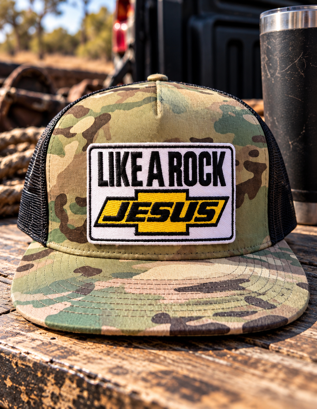 “Camo flat bill trucker hat with black mesh sides and a white Like a Rock Jesus patch with yellow detailing.”