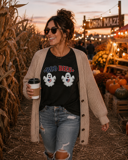 BooBiesooBies Ghost Tee | Funny Patriotic Halloween Shirt | Women's Fitted Halloween T-Shirt