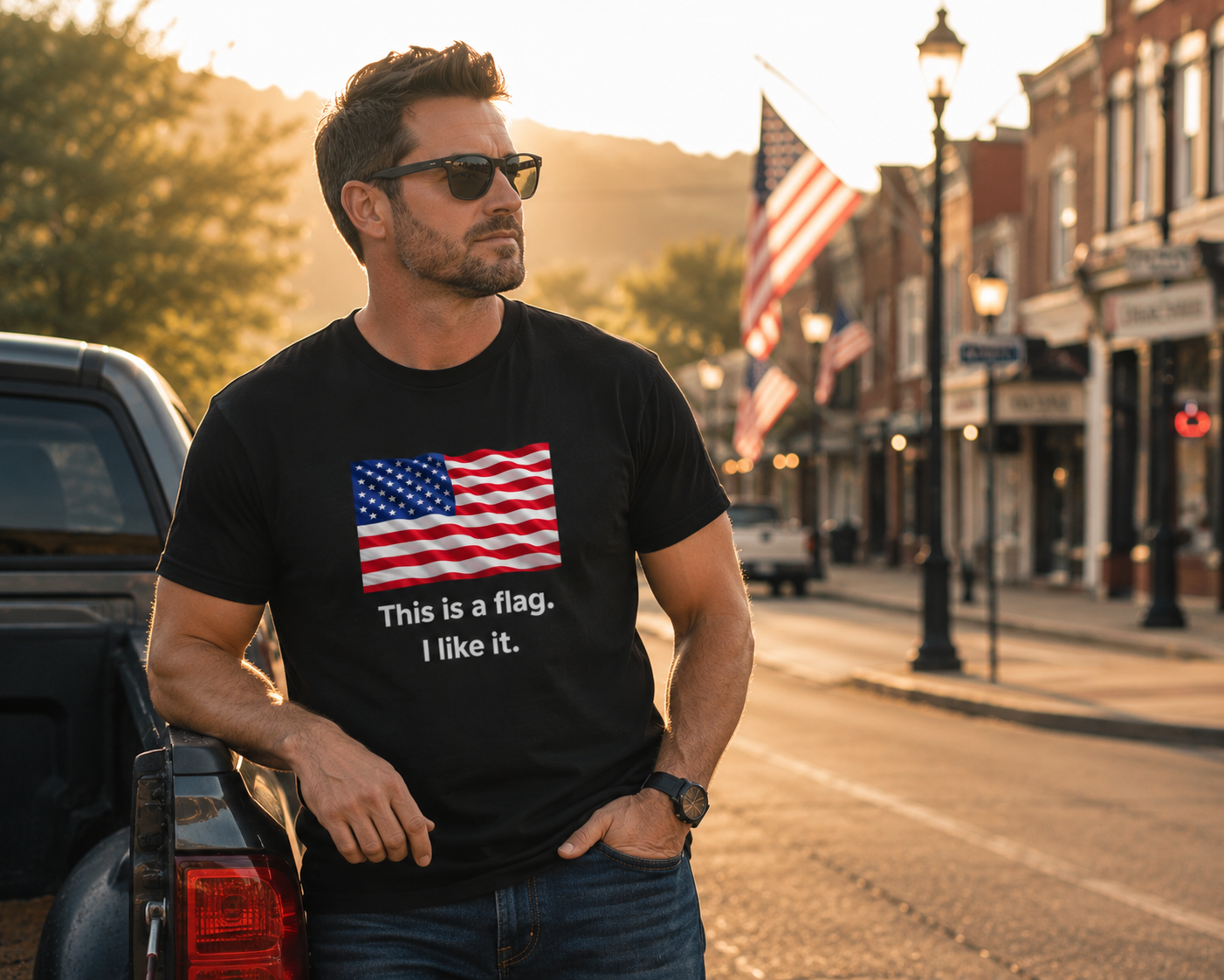 A man wearing a black graphic t-shirt with an American flag print and the text 'This is a flag. I like it.